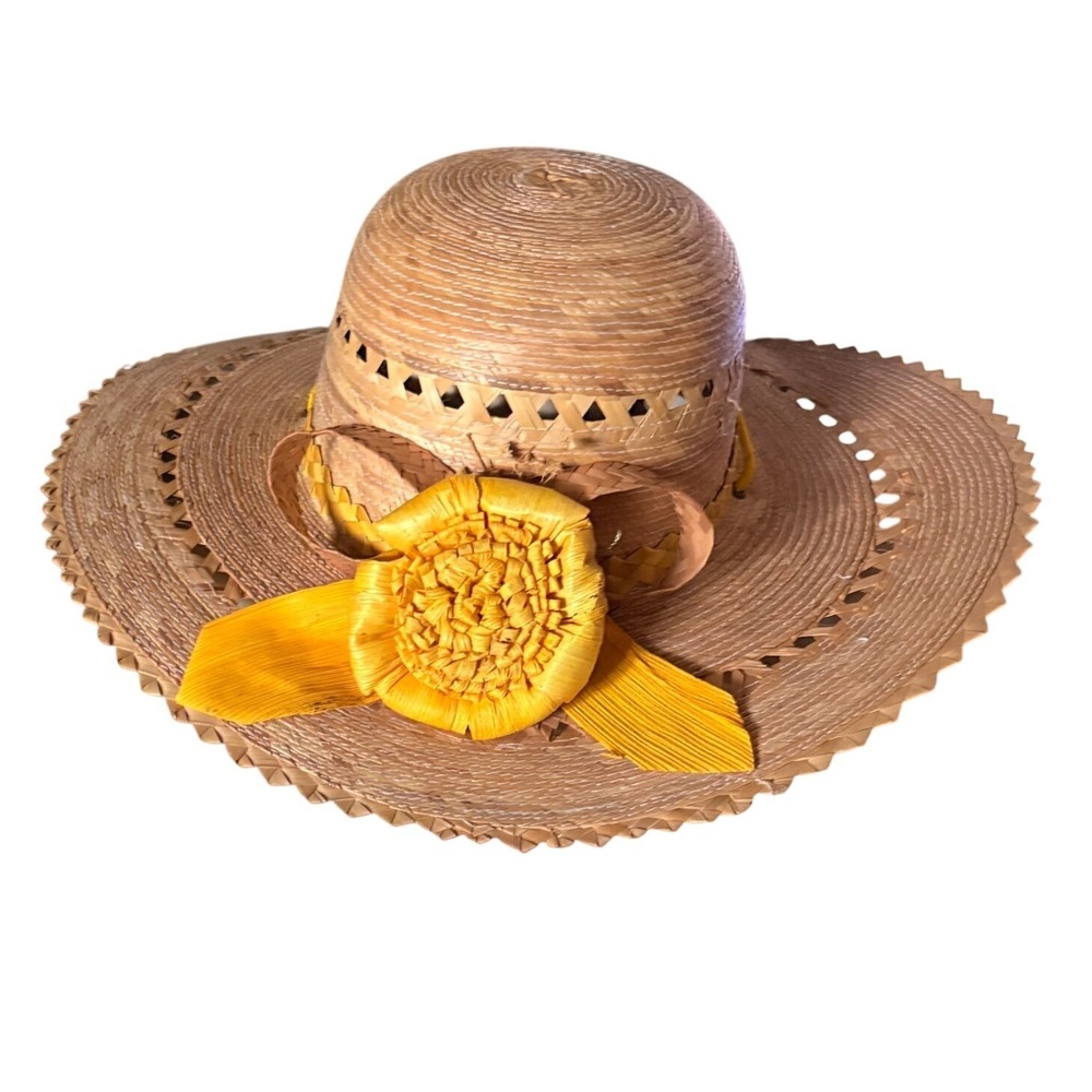 Sun Hat‎ Women Natural Yellow Good Wide Brim Straw Floral Chin Strap